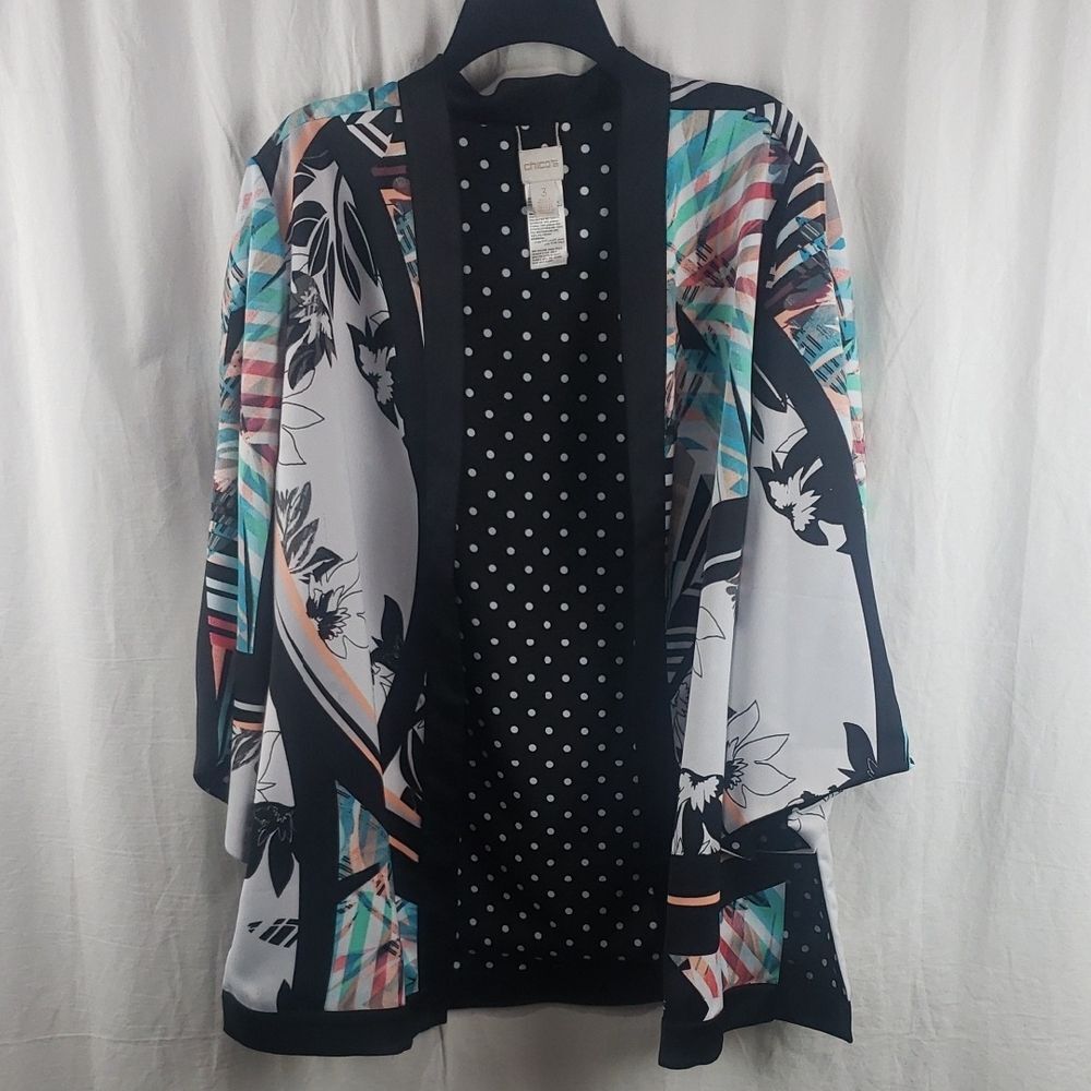 Chico's Women's 3 Black and White Polka Dot Floral Kimono Duster Jacket